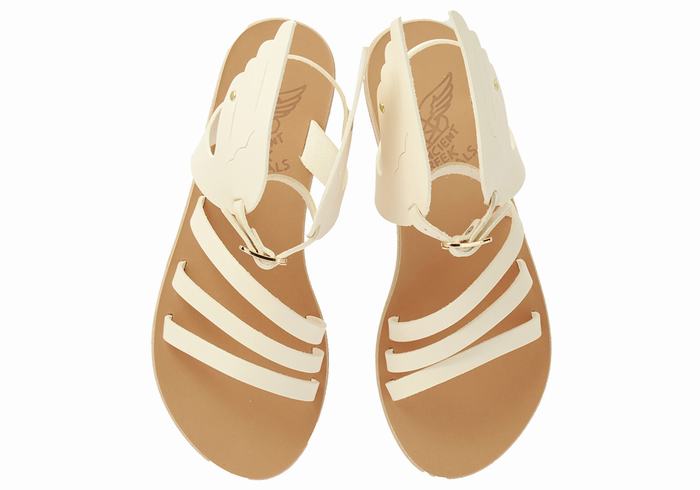 Women Ancient Greek Sandals Ikaria Leather Ankle Strap Sandals White | VKI2974OB