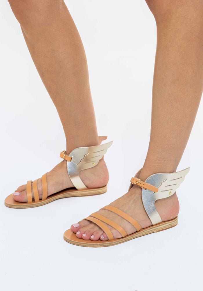 Women Ancient Greek Sandals Ikaria Leather Ankle Strap Sandals Beige Gold White | WGP5914XJ