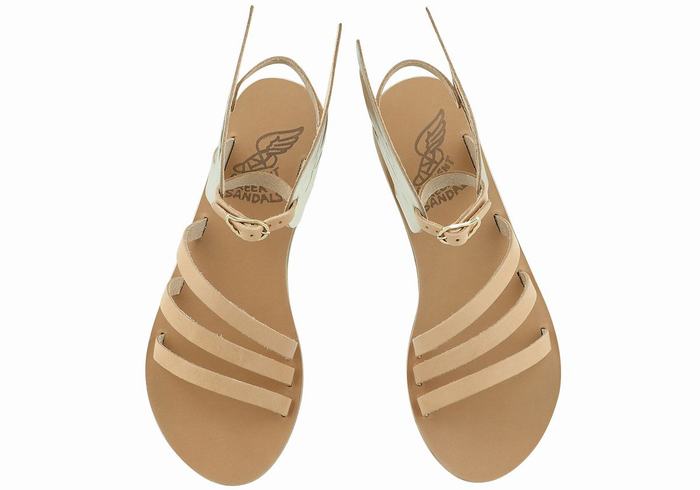 Women Ancient Greek Sandals Ikaria Leather Ankle Strap Sandals Beige Gold White | WGP5914XJ