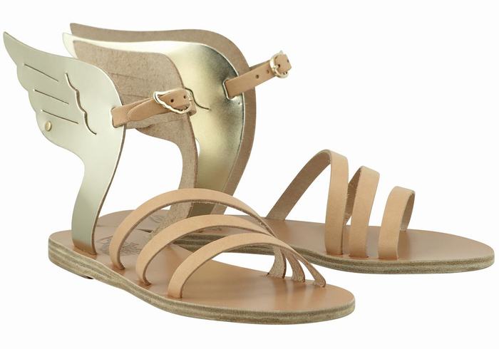 Women Ancient Greek Sandals Ikaria Leather Ankle Strap Sandals Beige Gold White | WGP5914XJ