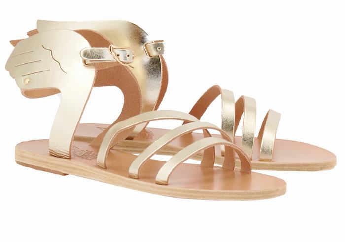 Women Ancient Greek Sandals Ikaria Leather Ankle Strap Sandals Gold White | WAZ6218BT