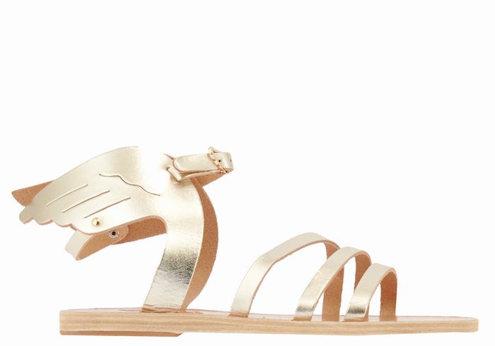 Women Ancient Greek Sandals Ikaria Leather Ankle Strap Sandals Gold White | WAZ6218BT