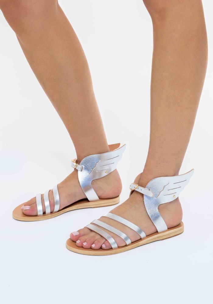 Women Ancient Greek Sandals Ikaria Leather Ankle Strap Sandals Silver | TXG7694DX