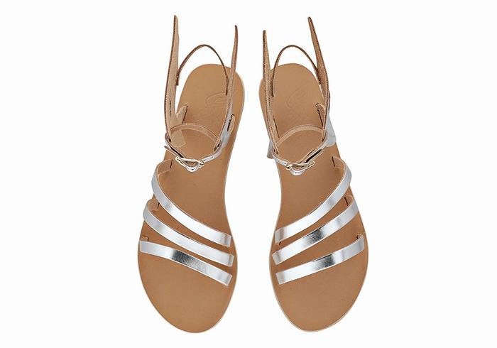 Women Ancient Greek Sandals Ikaria Leather Ankle Strap Sandals Silver | TXG7694DX