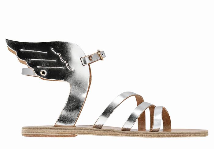 Women Ancient Greek Sandals Ikaria Leather Ankle Strap Sandals Silver | TXG7694DX