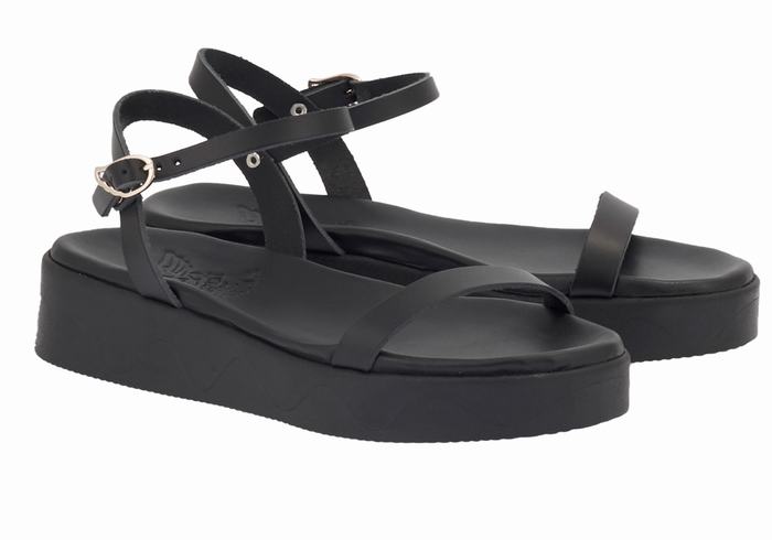 Women Ancient Greek Sandals Irida Leather Platform Sandals Black | EKI857FL