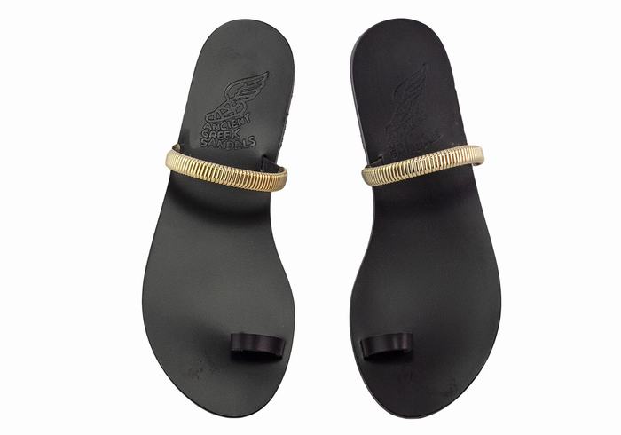 Women Ancient Greek Sandals Konaki Toe-Post Sandals Black Gold | IEU98HG