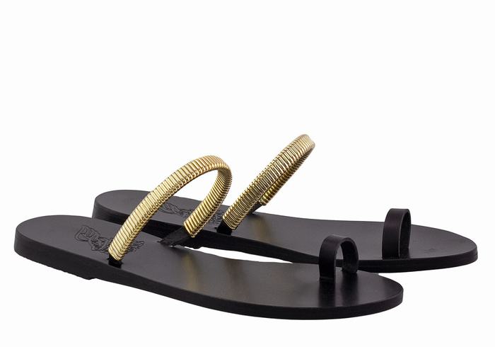 Women Ancient Greek Sandals Konaki Toe-Post Sandals Black Gold | IEU98HG