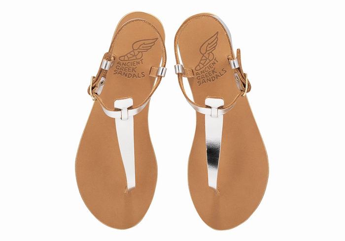 Women Ancient Greek Sandals Lito Flip Flop Leather Back-Strap Sandals Silver | DWZ1462SE