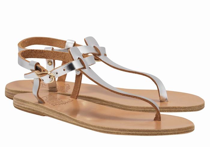 Women Ancient Greek Sandals Lito Flip Flop Leather Back-Strap Sandals Silver | DWZ1462SE