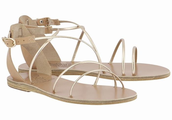 Women Ancient Greek Sandals Meloivia Ankle Strap Sandals Beige Gold White | NBN9177DX