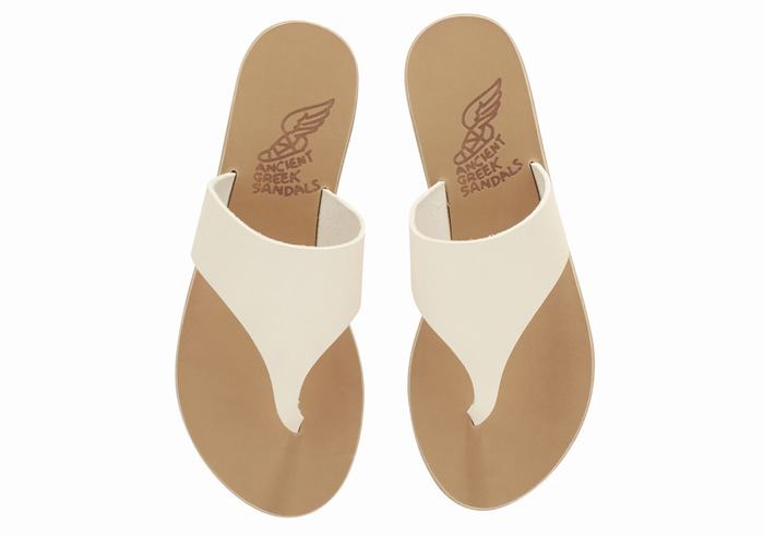 Women Ancient Greek Sandals Mera Leather Flip Flops White | LVU2384VI