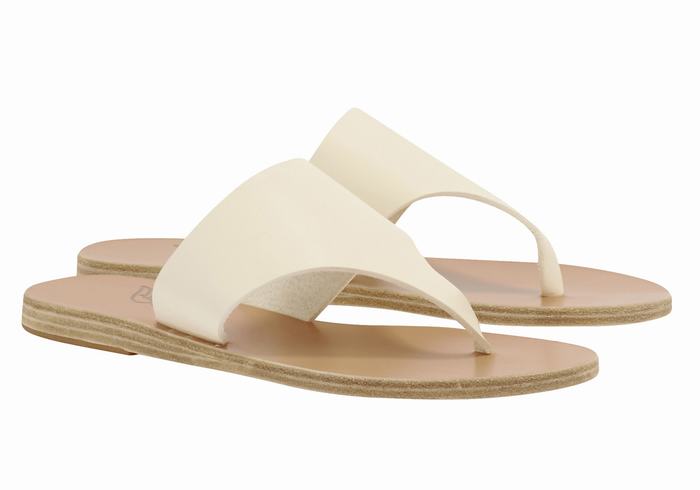 Women Ancient Greek Sandals Mera Leather Flip Flops White | LVU2384VI