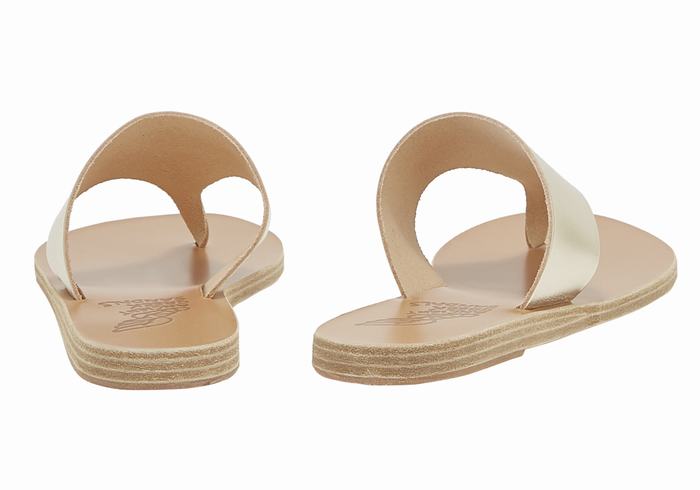 Women Ancient Greek Sandals Mera Leather Flip Flops Gold White | UBE9575FC