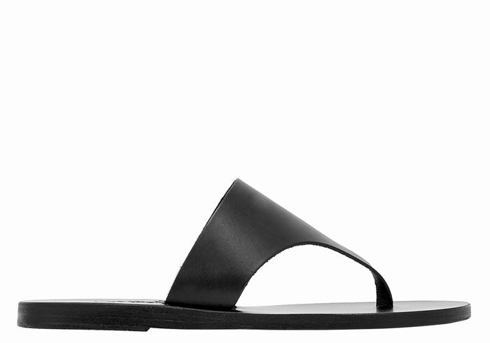 Women Ancient Greek Sandals Mera Leather Flip Flops Black | DQY6693EV