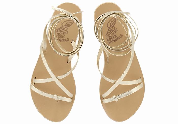 Women Ancient Greek Sandals Morfi Leather Gladiator Sandals Gold White | YCB165EI