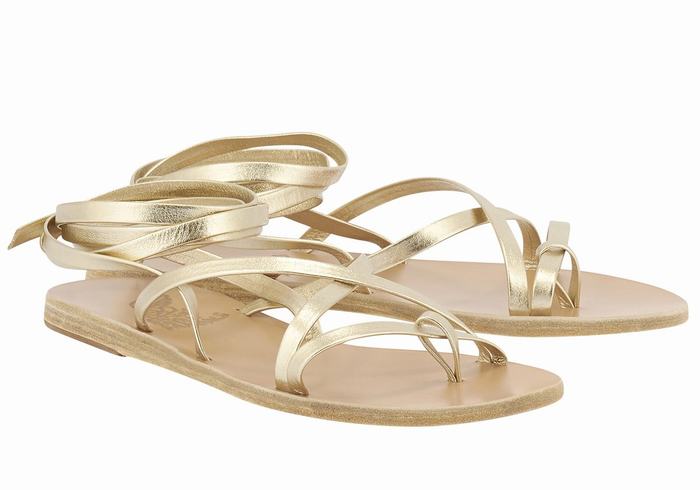 Women Ancient Greek Sandals Morfi Leather Gladiator Sandals Gold White | YCB165EI