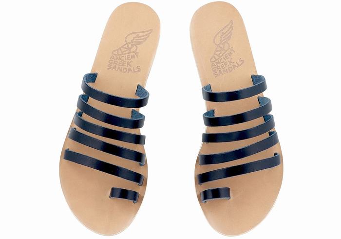 Women Ancient Greek Sandals Niki Leather Toe-Post Sandals Dark Blue | HHS5641NL