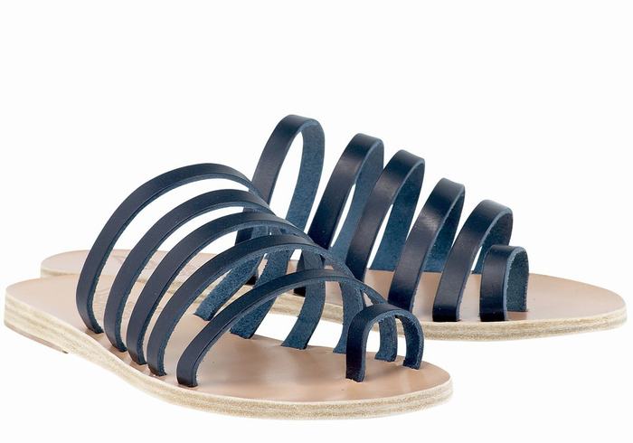 Women Ancient Greek Sandals Niki Leather Toe-Post Sandals Dark Blue | HHS5641NL