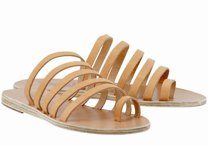 Women Ancient Greek Sandals Niki Leather Toe-Post Sandals Beige | TQP4414AE