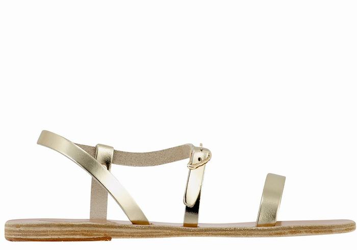 Women Ancient Greek Sandals Niove Leather Back-Strap Sandals Gold White | UPZ2487ES