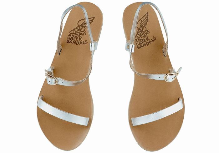 Women Ancient Greek Sandals Niove Leather Back-Strap Sandals Silver | YYP2562PC