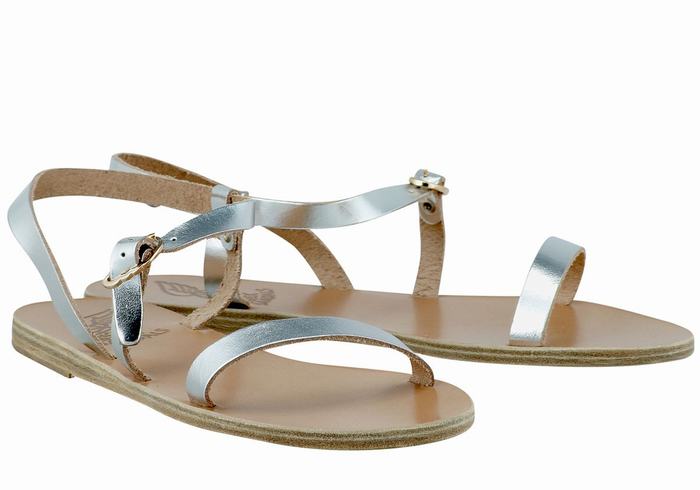 Women Ancient Greek Sandals Niove Leather Back-Strap Sandals Silver | YYP2562PC