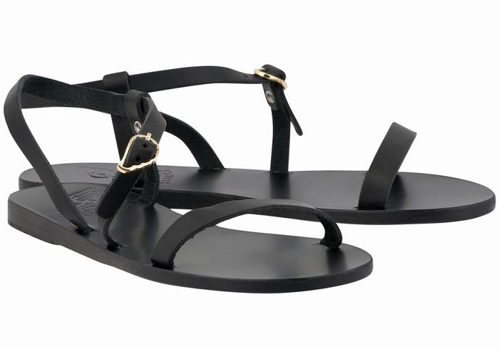 Women Ancient Greek Sandals Niove Leather Back-Strap Sandals Black | CYD1346AY