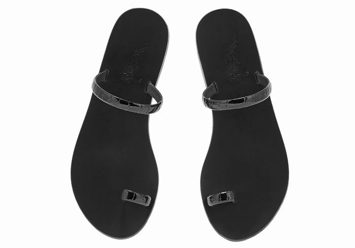 Women Ancient Greek Sandals Ophion Toe-Post Sandals Black | KMN9726QY