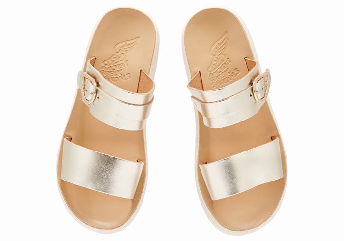 Women Ancient Greek Sandals Preveza Comfort Slide Sandals Gold White | WOE6938ME