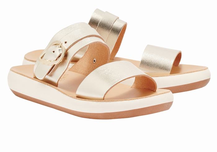 Women Ancient Greek Sandals Preveza Comfort Slide Sandals Gold White | WOE6938ME