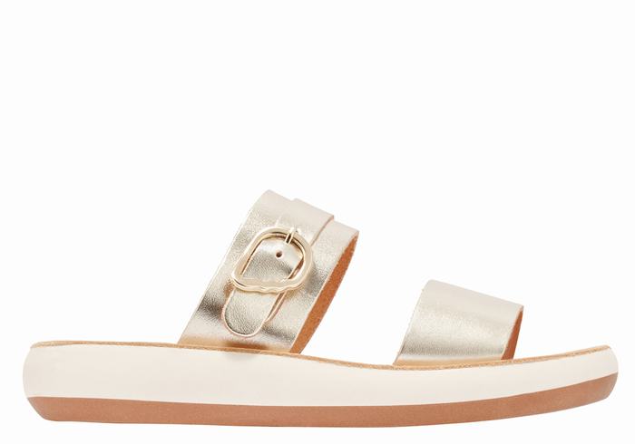 Women Ancient Greek Sandals Preveza Comfort Slide Sandals Gold White | WOE6938ME