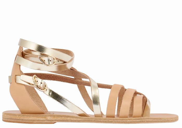 Women Ancient Greek Sandals Satira Leather Gladiator Sandals Beige Gold White | RAJ7932BD