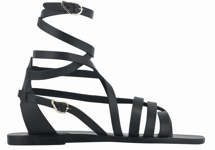 Women Ancient Greek Sandals Satira Leather Gladiator Sandals Black | GVR2147PN