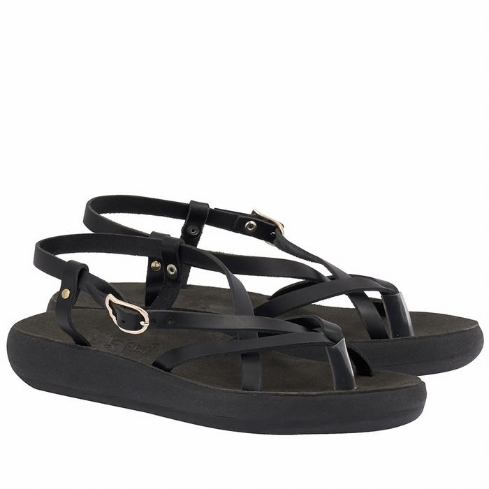 Women Ancient Greek Sandals Semele Comfort Back-Strap Sandals Black | EQK4931LB