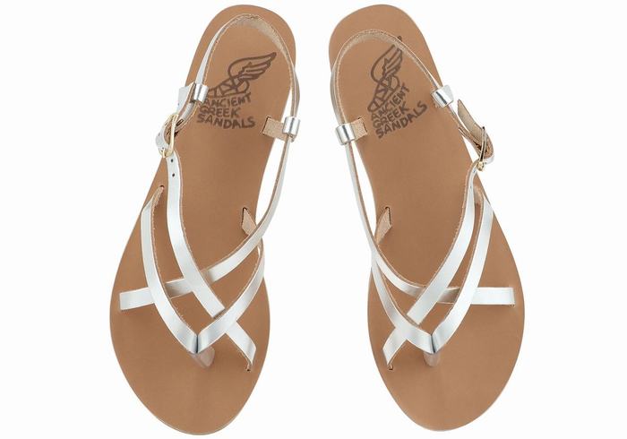 Women Ancient Greek Sandals Semele Leather Back-Strap Sandals Silver | VTA7060PQ