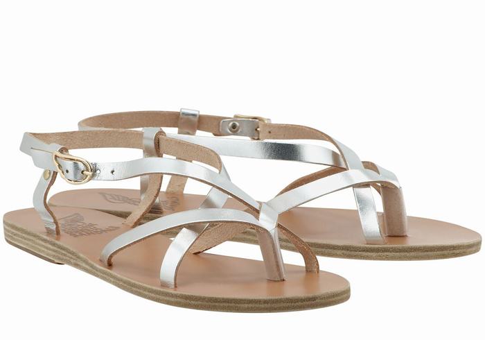 Women Ancient Greek Sandals Semele Leather Back-Strap Sandals Silver | VTA7060PQ