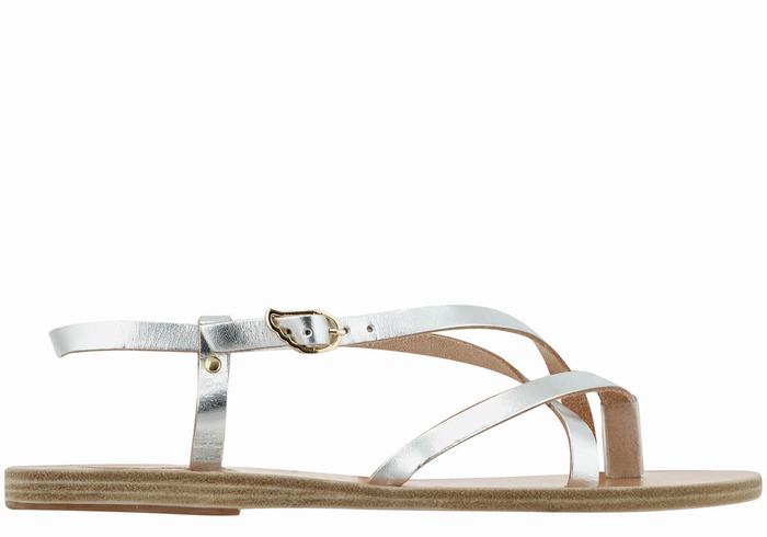 Women Ancient Greek Sandals Semele Leather Back-Strap Sandals Silver | VTA7060PQ