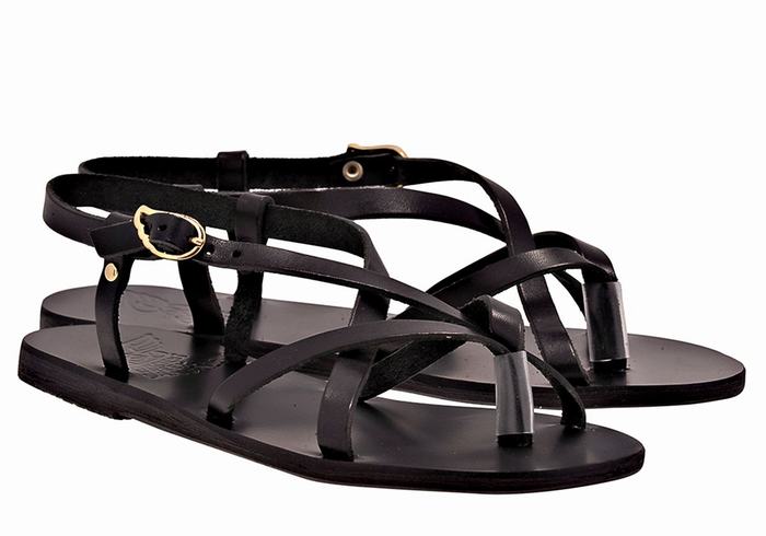 Women Ancient Greek Sandals Semele Leather Back-Strap Sandals Black | UFA995MK