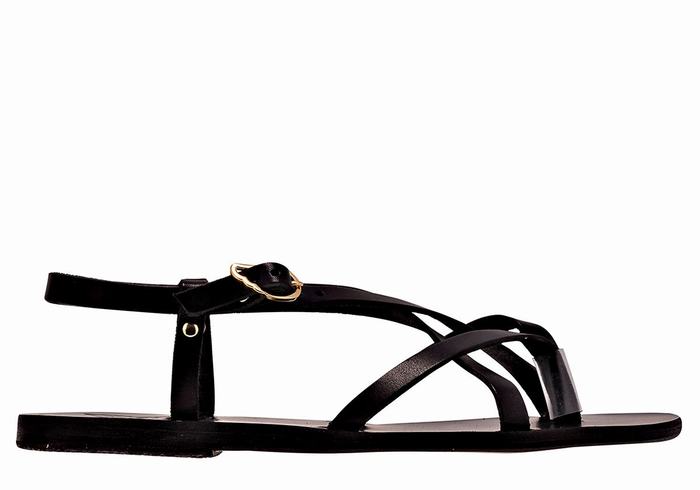 Women Ancient Greek Sandals Semele Leather Back-Strap Sandals Black | UFA995MK