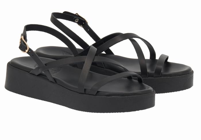 Women Ancient Greek Sandals Silia Leather Platform Sandals Black | PTQ1026DL