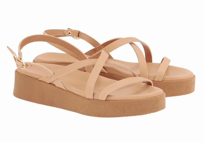 Women Ancient Greek Sandals Silia Leather Platform Sandals Beige | PWZ4932US