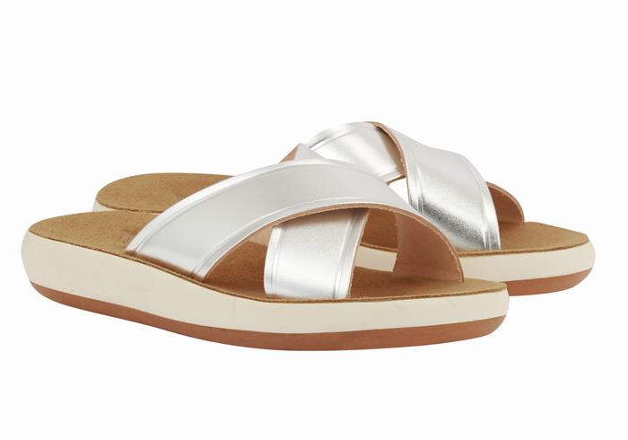 Women Ancient Greek Sandals Thais Comfort Slide Sandals Silver | VXK765ML