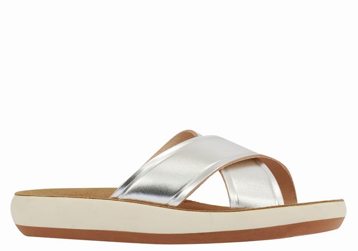 Women Ancient Greek Sandals Thais Comfort Slide Sandals Silver | VXK765ML