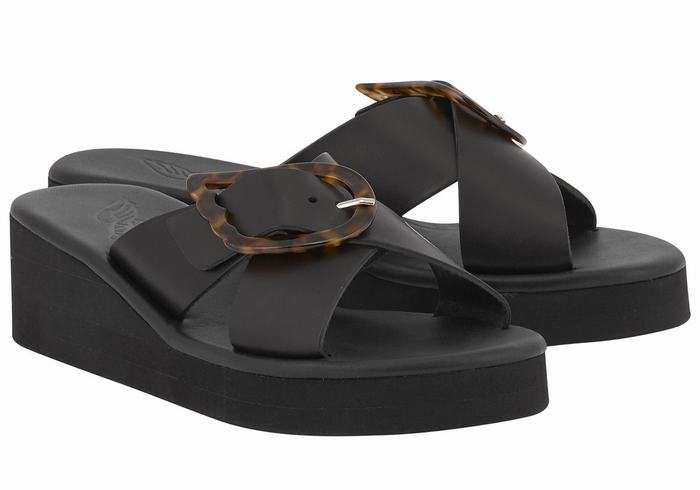 Women Ancient Greek Sandals Thais Rainbow Wedge Sandals Black | DWD2644FQ