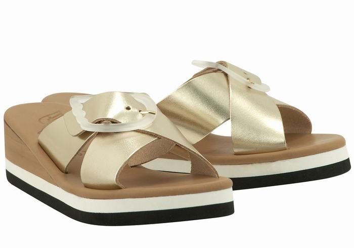 Women Ancient Greek Sandals Thais Rainbow Wedge Sandals Gold White | XEL5250FD