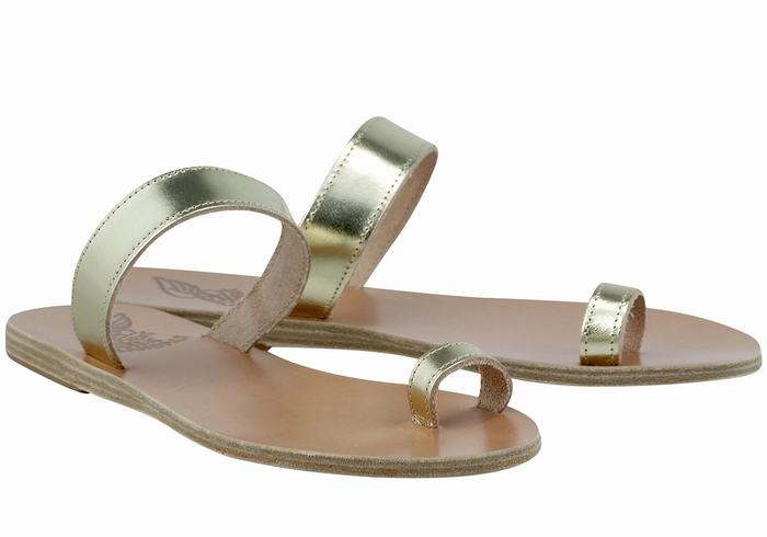 Women Ancient Greek Sandals Thalia Leather Toe-Post Sandals Gold White | QPJ2731BJ