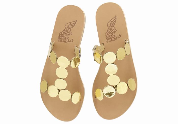 Women Ancient Greek Sandals Uranos Leather Slide Sandals Gold | GYP447DN