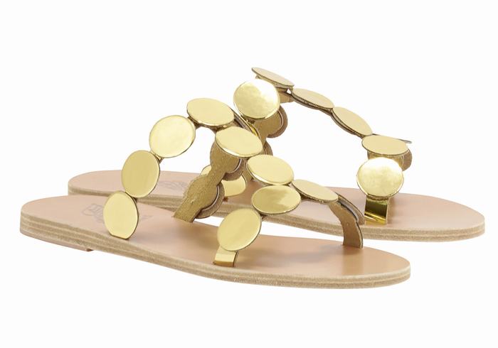 Women Ancient Greek Sandals Uranos Leather Slide Sandals Gold | GYP447DN