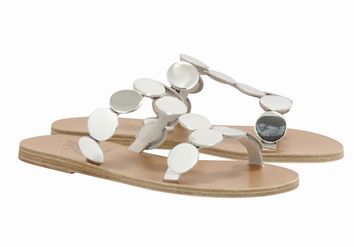 Women Ancient Greek Sandals Uranos Leather Slide Sandals Silver | RXT1161HO